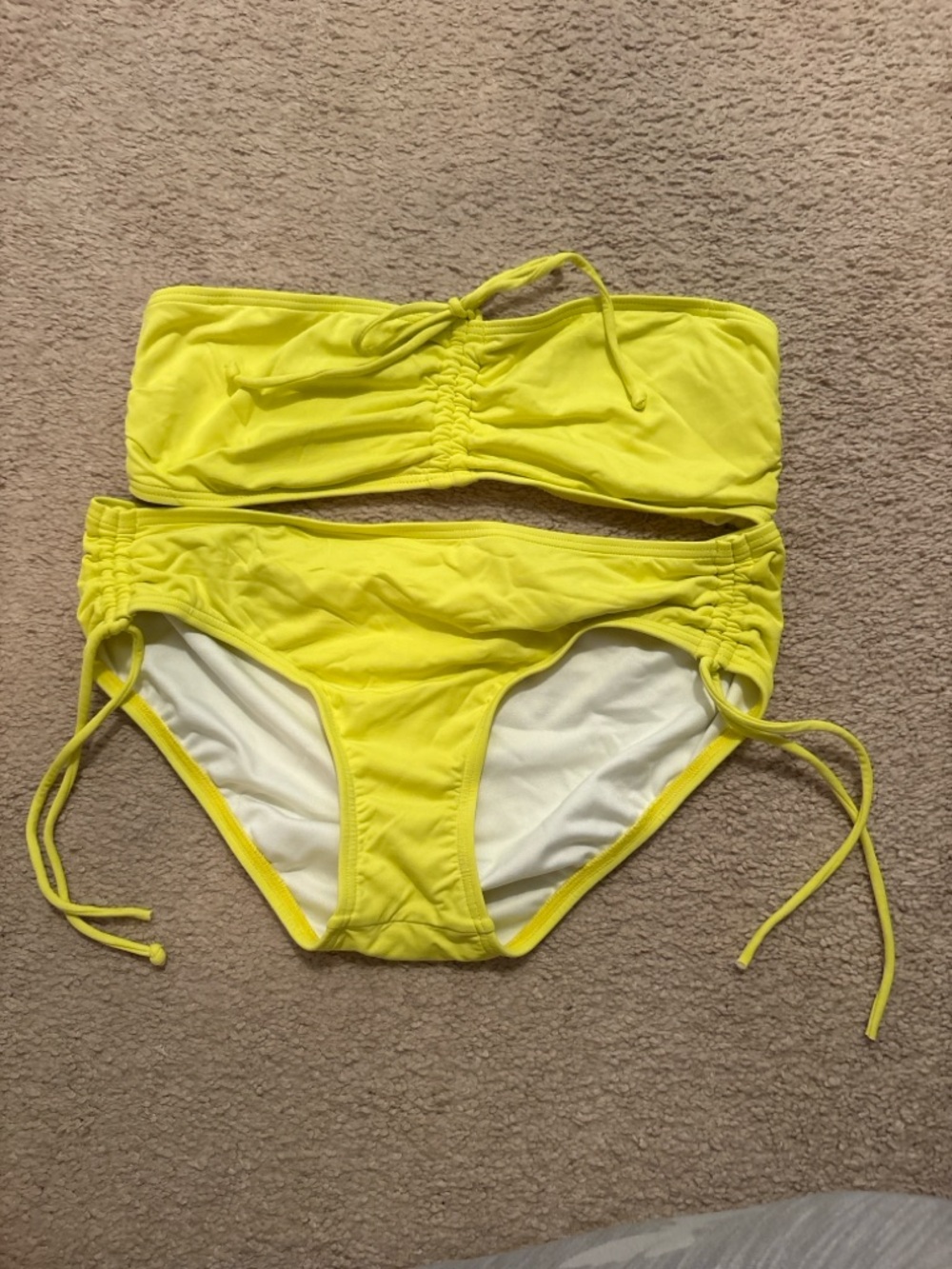 LOFT Beach Neon Yellow Bandeau Bikini Set Ruched Tie Side Size M NWOT